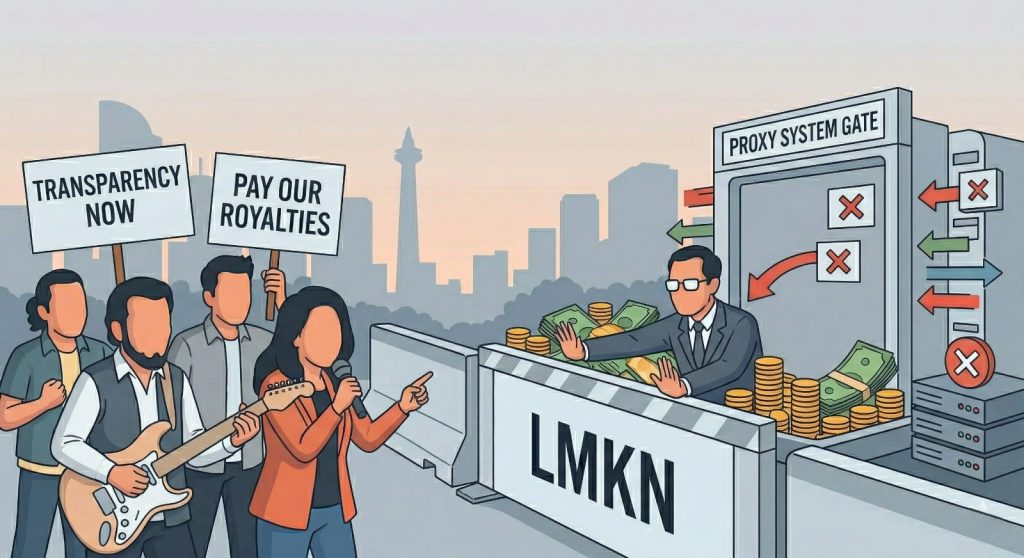 Indonesian CMOs like WAMI and AKSI challenge LMKN over 2025 royalty distribution delays, digital revenue disputes, and lack of transparency in the music industry.